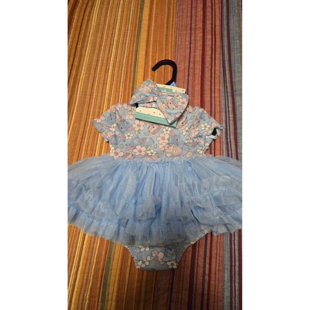 Disney Baby Stitch Angel Blue Tutu Bodysuit Headband Set 3-6M Floral NWT